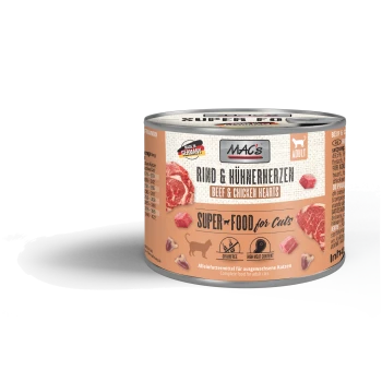 Dosenfutter für Katzen "MAC's Beef & Chicken Hearts," zeigt Fleischbilder und Etiketten "Super Food für Katzen," getreidefrei, hoher Fleischanteil.