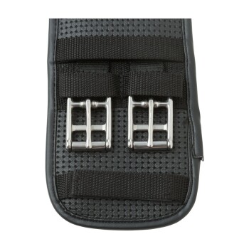 Nahaufnahme eines schwarzen Haustiergeschirrs mit zwei silbernen Metallschnallen und strukturiertem Stoff, entworfen für eine sichere Befestigung.