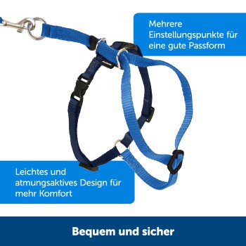 Blaues Haustiergeschirr mit verstellbaren Riemen, mit Text: "Mehrere Einstellpunkte für eine gute Passform" und "Bequem und sicher."