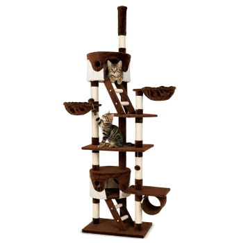 Katzenbaum mit mehreren Ebenen, braun und cremefarbenem Stoff, umfasst gemütliche Betten, Kratzpfosten und eine Leiter zum Klettern.