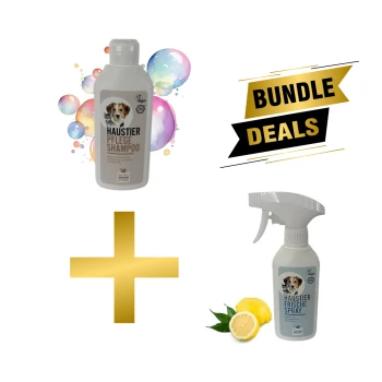 Haustierpflege-Bundle mit einer Flasche "Haustier Pflege Shampoo" und einem "Haustier Frische Spray", mit bunten Blasen und einer Zitrone.