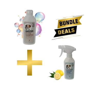 Haustierpflege-Bundle mit einer Flasche "Haustier Pflege Shampoo" und einem "Haustier Frische Spray", mit bunten Blasen und einer Zitrone.