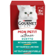 Opakowanie karmy dla kotów Purina Gourmet Mon Petit Intense Duetto z białym kotem, z smakami: kurczak i łosoś, tuńczyk i wołowina, indyk i pstrąg.