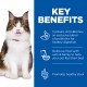 A fluffy cat licks its lips beside a blue panel highlighting benefits: ActivBiome+ for digestion, oats, barley, and healthy stool.