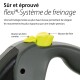 Image d'une poignée de laisse pour chien flexi® avec des boutons de frein jaunes et du texte français sur la sécurité et la technologie.