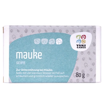 Seifenverpackung mit der Aufschrift "mauke SEIFE" zur Behandlung von Mauke, mit Anweisungen auf Deutsch und Yuki Cares-Logo, 80g.