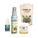 Vier Produkte zur Haustierpflege: "Auspflege Tropfen" Tropfer, "ZEComplete Spray", "Pfotenschutz" Glas und "SHIIMUN CALM" Beutel, alle natürlich.