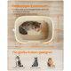 Draufsicht auf eine Katze in einer beigen Katzentoilette mit Maßen und deutschem Text zur Eignung für große Katzen bis 15 kg.
