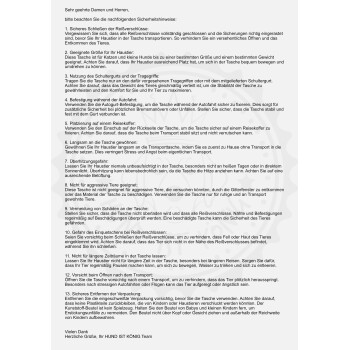 Sicherheitsanweisungen für Haustierträger auf Deutsch, die sichere Verschlüsse, Größenanpassung für Haustiere und Transportrichtlinien detailliert beschreiben.