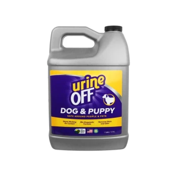 A gallon jug of "Urine Off" cleaner for dogs, with a purple and yellow label stating it's safe for people and pets.