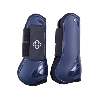 Marineblaue Pferdeboots mit einem eleganten Design und verstellbaren Klettverschlüssen, die ein Logo auf dem Riemen zeigen.