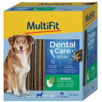 MultiFit Dental Care Sticks for dogs, medium size, 28 sticks per box. Features mint for fresh breath, no added sugars.