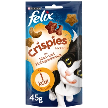 Katzenleckerlipackung mit Felix Crispies, mit einer verspielten Katzenillustration, die "Mit Rind- und Hühnergeschmack" und "1 kcal pro Snack" angibt.