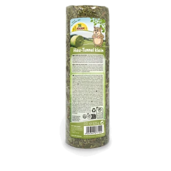 Zylindrisches 125g JR FARM Heu-Tunnel klein Heupaket für Kleintiere, mit einem Cartoon-Hamster und Produktdetails auf der Rückseite.