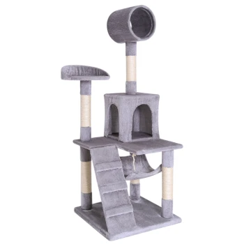 Grauer mehrstöckiger Katzenbaum mit einem Kratzbaum, einem gemütlichen Versteck, einer Rampe und einem runden Sitzplatz oben.