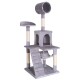 Grauer mehrstöckiger Katzenbaum mit einem Kratzbaum, einem gemütlichen Versteck, einer Rampe und einem runden Sitzplatz oben.