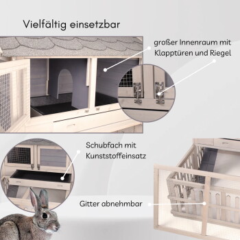 Hölzerner Kaninchenstall mit Rampe, herausnehmbarem Drahtgitter und Schublade; sichtbarer deutscher Text: "Vielfältig einsetzbar".