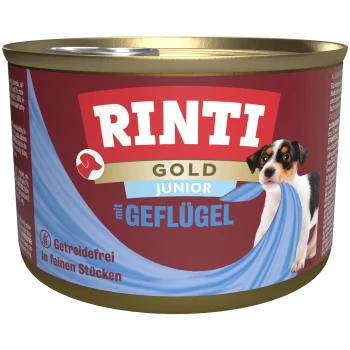 RINTI Gold Junior Hundefutterdose mit einem kleinen Hund auf dem Etikett, mit dem Hinweis, dass es getreidefrei ist und Geflügel enthält.