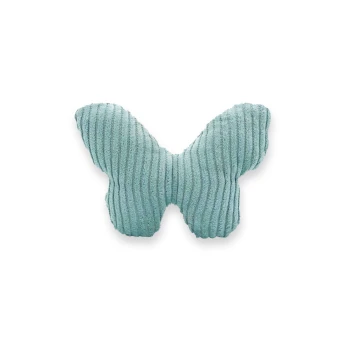 Ein weiches, mintgrünes, schmetterlingsförmiges Haustierspielzeug mit gerippter Textur, entworfen für verspielte Haustiere.