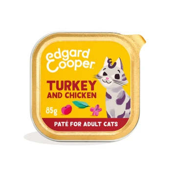 Edgard Cooper turkey and chicken cat pâté 85g tray, yellow label with cartoon cat and text "PATÉ FOR ADULT CATS"