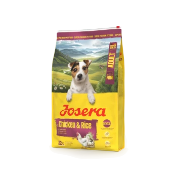 Josera Chicken & Rice erwachsenes Mini-Hundefutter, Beutel mit Hund, Hühnerillustration und deutschem Qualitätssiegel.