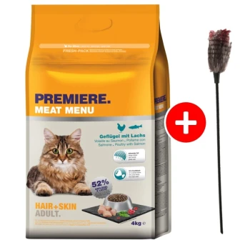 Sac de nourriture pour chat étiqueté "Premiere Meat Menu" avec une image de chat tigré, présentant le texte "Hair + Skin Adult" et "Geflügel mit Lachs", plus un jouet.