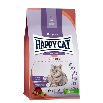 Happy Cat Senior Katzenfutterbeutel für Katzen über 10 Jahre, mit Atlantischem Lachs, mit einem Bild einer grauen Katze und dem Label "All in One".