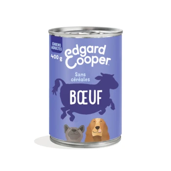 Nourriture pour chien en conserve par Edgard Cooper, 400g, étiquetée "Bœuf" avec un fond bleu, présentant des illustrations d'un chien et d'un chat.