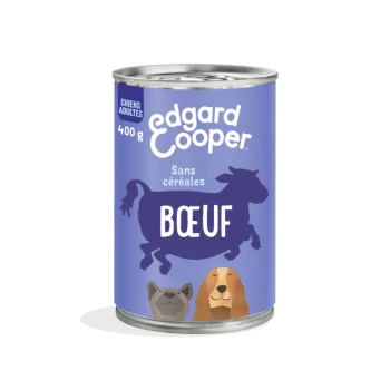 Nourriture pour chien en conserve par Edgard Cooper, 400g, étiquetée "Bœuf" avec un fond bleu, présentant des illustrations d'un chien et d'un chat.