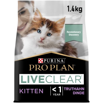 Purina Pro Plan LiveClear Kittenfutter, 1,4 kg Beutel, mit einem flauschigen Kätzchen auf der Vorderseite, gekennzeichnet für Kätzchen unter 1 Jahr.