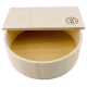 Eine runde Holzaufbewahrungsbox für Haustiere mit einem Deckel, die eine helle Holzoberfläche und ein Logo eines Kaninchens in einem Kreis zeigt.