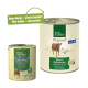 Zwei Dosen Real Nature Tiernahrung: eine kleine mit der Aufschrift "Katzenfutter & Fleisch" und eine größere "Huhn & Kalbsherzen" mit einem Designhinweis.