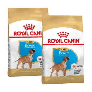 Deux sacs de nourriture pour chiots Royal Canin Boxer, présentant un chiot Boxer sur l'emballage, avec un texte mettant en avant la nutrition santé de la race.