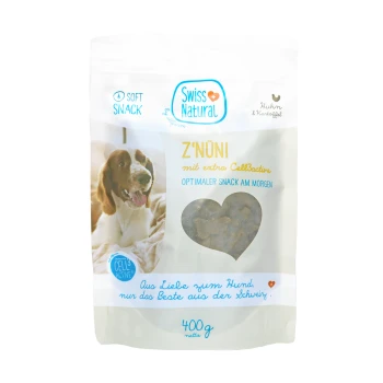 z'Nüni mit Huhn & Kartoffel 400 g Schweizer Natur-Hundesnacks, 400g, mit einem Beagle. Text: "Z'NUNI mit extra Cellactive, optimaler Snack am Morgen."