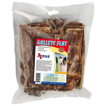 Hundeleckerlis in einer klaren Plastiktüte mit der Aufschrift "Gullets Flat" von Antos, mit flachen Rinderhalsstücken, 200g, geeignet für alle Hundetypen.