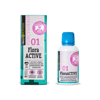 Flasche FAVLY Gastro Liquid für Haustiere, mit einem türkisfarbenen Deckel, neben einer kleinen Schüssel mit Flüssigkeit. Der Text enthält "01 GASTRO LIQUID" und "100% Natur."