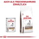 Dosen- und Trockenfutter für Hunde von Royal Canin, beschriftet mit "Gastrointestinal High Fibre," mit einem veterinärmedizinischen Ernährungsthema.