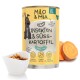 Dosen-Hundefutter mit der Aufschrift 'Milo & Mia', das Insekten- und Süßkartoffelzutaten enthält, mit einer Schüssel Insekten-Snacks und Süßkartoffelscheiben.
