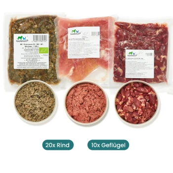 Bild von Haustierfutterpackungen mit Bio-Rind- und Geflügelprodukten, mit Etiketten, die 20x Rind und 10x Geflügel anzeigen.