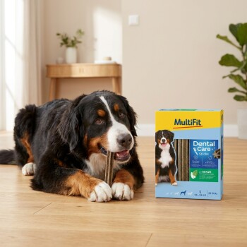 Berner Sennenhund kaut einen Zahnpflegestick neben einer MultiFit Dental Care+ Sticks-Box (Minze, 28 Sticks).