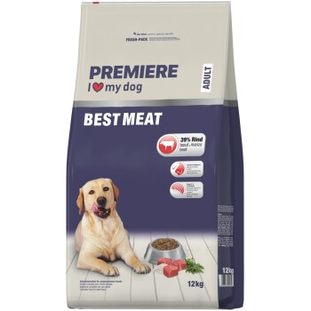 PREMIERE 'I ♥ my dog' Hundefutterbeutel für Erwachsene — BEST MEAT, 39% Rind, 12 kg; Hundebild, Futternapf mit Trockenfutter und rohes Fleisch.