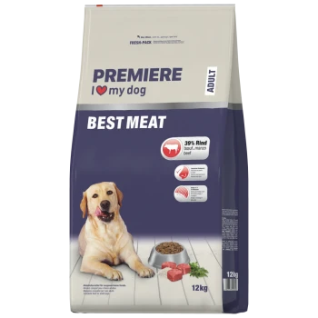 PREMIERE 'I ♥ my dog' Hundefutterbeutel für Erwachsene — BEST MEAT, 39% Rind, 12 kg; Hundebild, Futternapf mit Trockenfutter und rohes Fleisch.