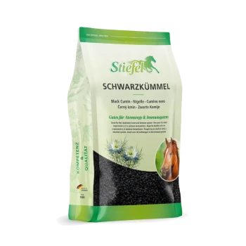 Verpackung von Stiefel Schwarzkümmelsamen für Pferde, mit einem Pferdebild, Produktnamen und Gesundheitstext in deutscher Sprache.