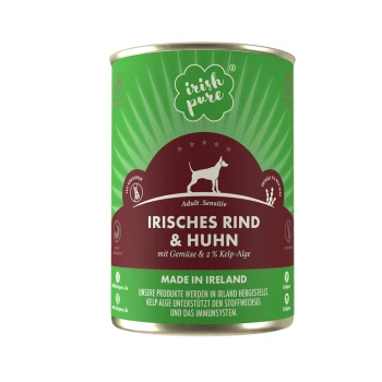 Dosen-Hundefutter mit der Aufschrift "Irish Pure", das Rind- und Hühnerfleisch mit Gemüse und 2 % Algen enthält, hergestellt in Irland.