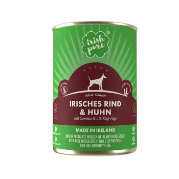 Dosen-Hundefutter mit der Aufschrift "Irish Pure", das Rind- und Hühnerfleisch mit Gemüse und 2 % Algen enthält, hergestellt in Irland.