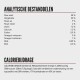 Voedingsanalyse van huisdiervoeding: 38% eiwit, 20% vet, 12% vocht, plus omega-vetzuren en calorie-informatie.