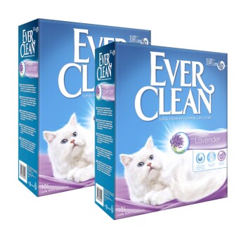 Deux boîtes de litière pour chats super premium Ever Clean Lavender, présentant un chat blanc duveteux sur l'emballage.