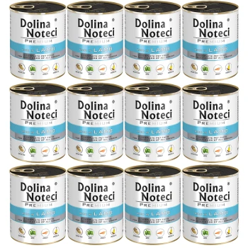 Premium Adult bogata w jagnięcinę puszka 12x800 g Dwanaście puszek karmy premium dla psów Dolina Noteci, oznaczonych 'Bogate w Jagnięcinę', z niebieską wstążką i ikonami dla pełnowartościowego odżywiania.