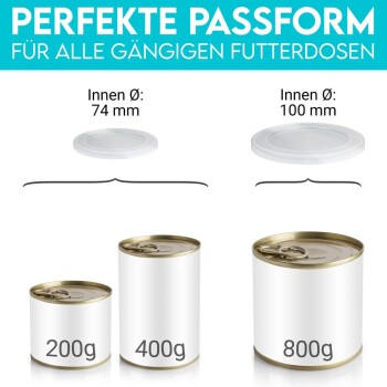 Bild, das die Deckel von Tierfutterdosen mit zwei Größen zeigt: 74 mm und 100 mm Innendurchmesser, beschriftet mit Dosengewichten von 200g, 400g und 800g.
