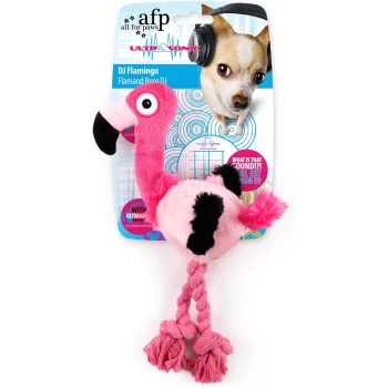 Produktverpackung: afp All for Paws DJ Flamingo Ultraschall-rosa Plüsch-Flamingo-Hundespielzeug mit geflochtenem Seilschwanz (Hund mit Kopfhörern).